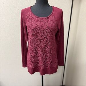 AGB Elegant Lace Burgundy Top Long Sleeve. Size Large